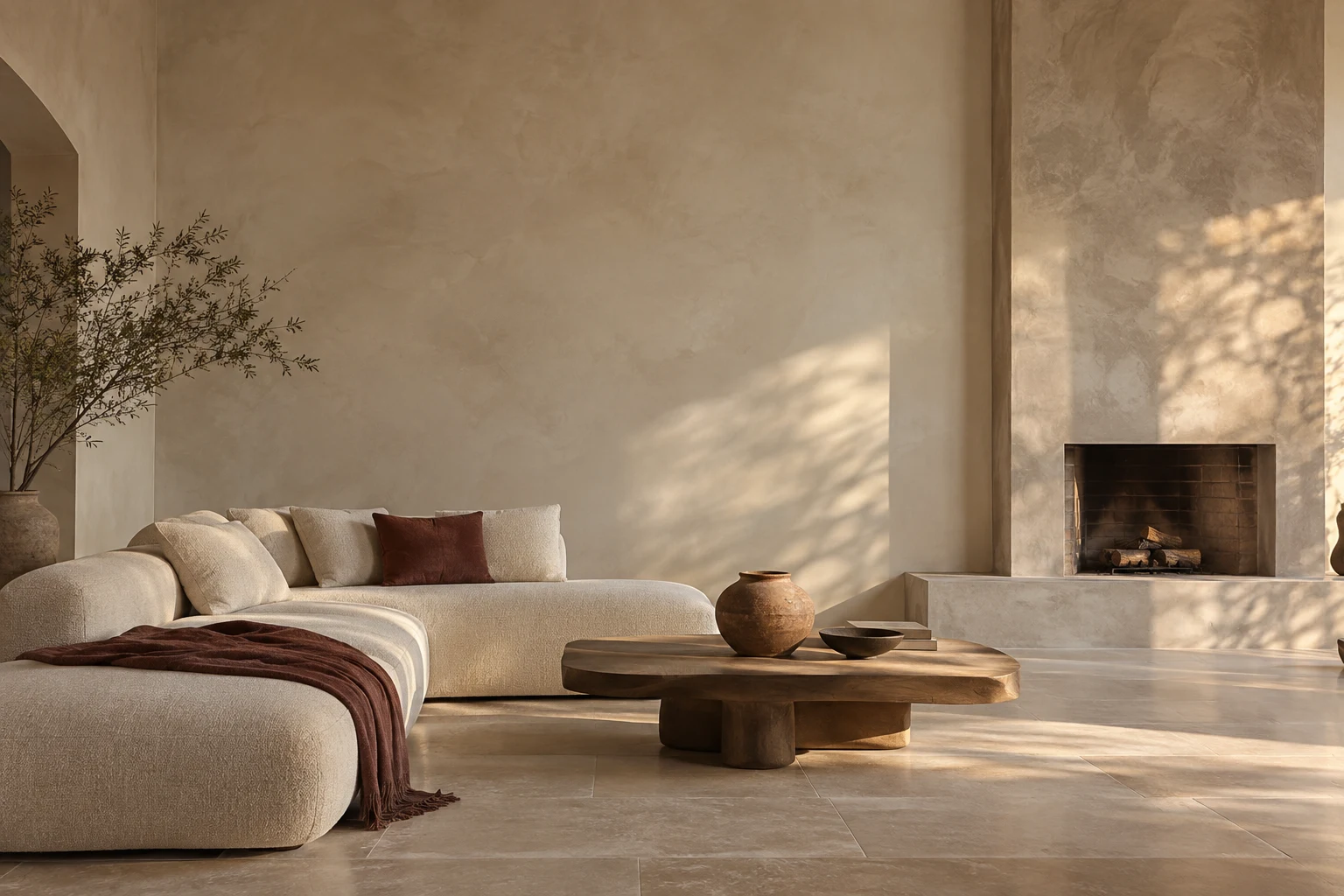 Design visualization of a warm limewashed interior and sculptural plaster fireplace